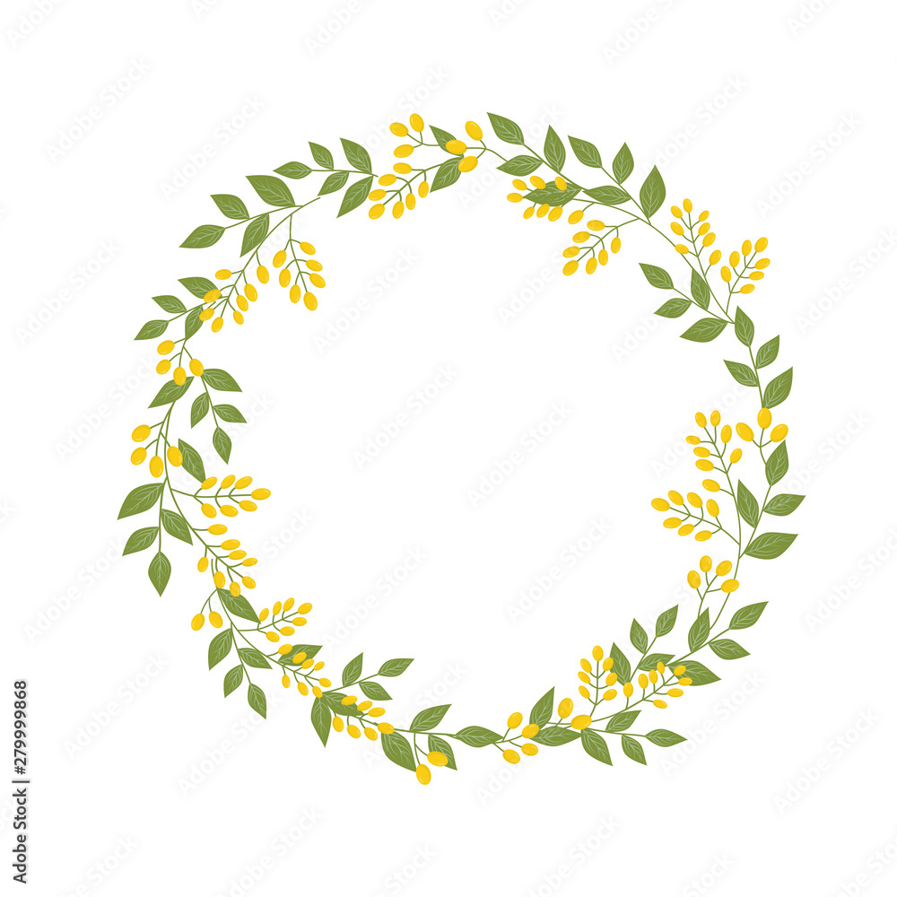 Botanical floral wreath with twigs of yellow sandthorn berries green leaves on white. Template mock up for text lettering. Vector illustration in sketchy retro style earthy warm color palette