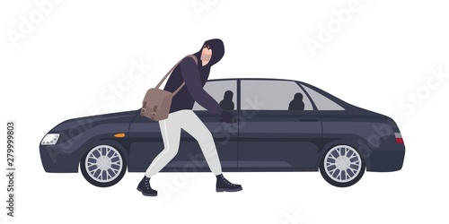 Thief, burglar or rubber dressed in hoodie sneaking to break automobile's window. Criminal committing crime. Motor vehicle theft scene, unlawful act. Flat cartoon colorful vector illustration.