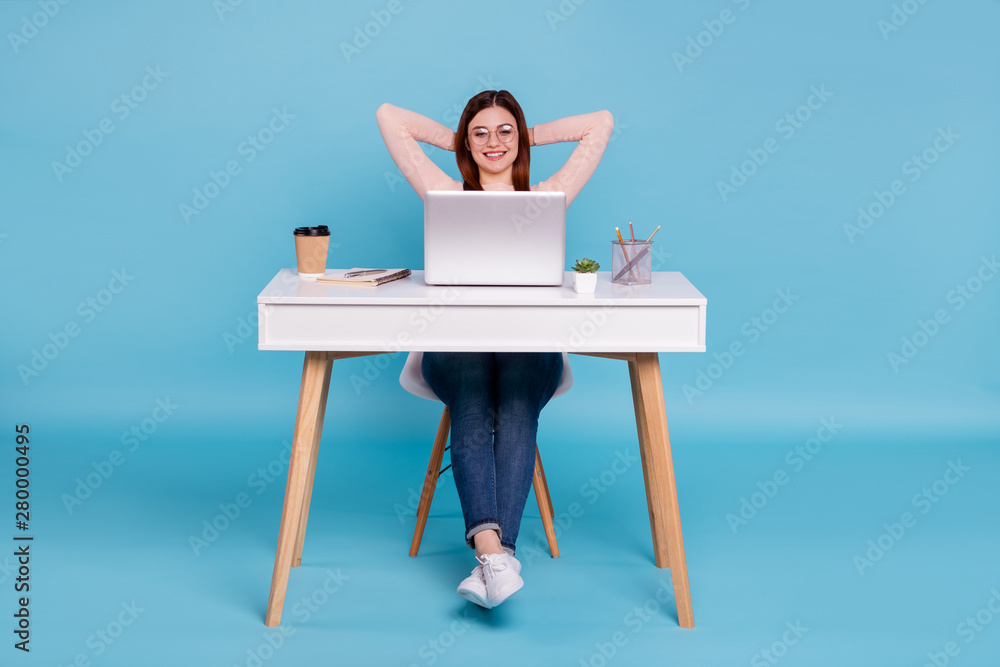 Portrait of nice lovely attractive cheerful cheery girl sitting in chair daily everyday task hr manager human resources at work place station isolated over bright vivid shine blue green background Portrait of nice lovely attractive cheerful cheery girl sitting in chair daily everyday task hr manager human resources at work place station isolated over bright vivid shine blue green background