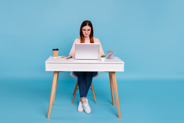 Portrait of nice lovely attractive focused concentrated girl self development preparing annual finance design designer at work place station isolated over bright vivid shine blue background