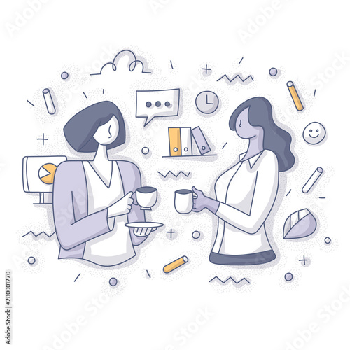 Two Business Women on Coffee Break at Work Concept
