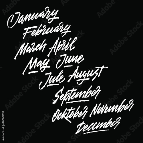 Handwritten names of months: December, January, February, March, April, May, June, July, August September October November Calligraphy. Vector.
