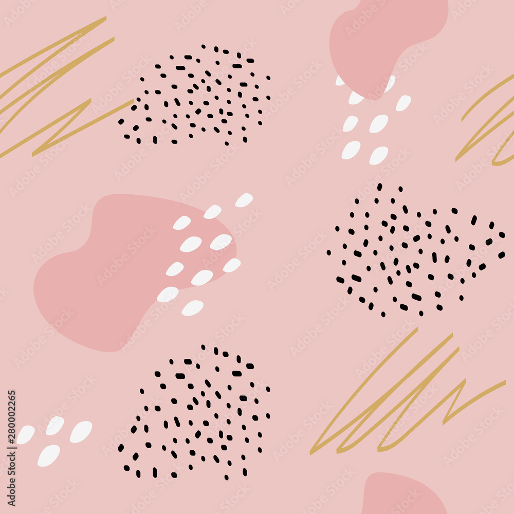 Abstract seamless pattern with strokes and dots on pink