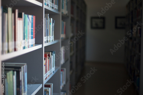 Blurred background. Library, books. Close-up.