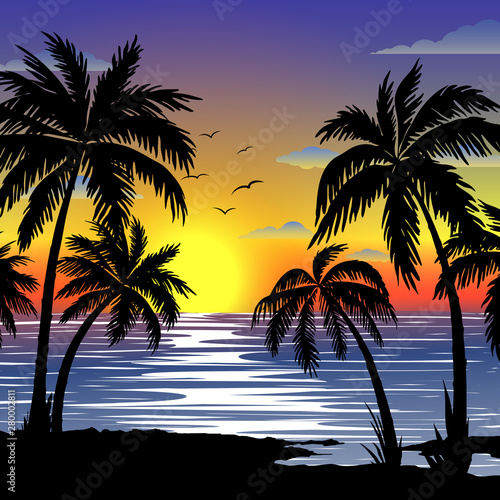 Tropical  landscape with  palms. Palm trees at sunset or moonlight. Exotic seascape. Tourism and travelling. Vector flat design