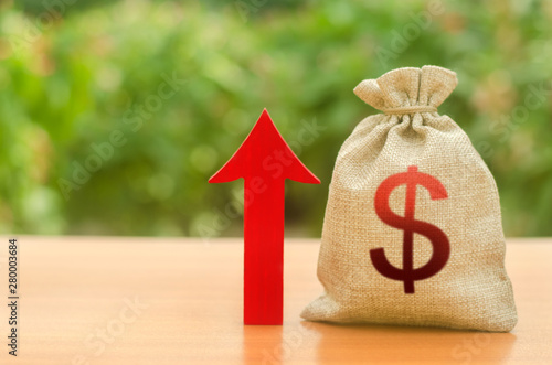 Money bag with dollar symbol and red up arrow. Increase profits and wealth. growth of wages. Investment attraction. loans and subsidies. favorable conditions. Favorable conditions for business.
