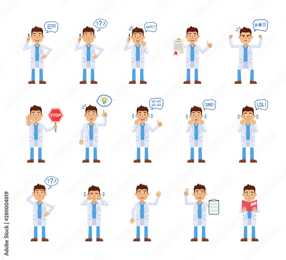 Big set of doctor characters showing different actions. Cheerful doctor talking on the phone, thinking, surprised, holding stop sign, document, book and doing other actions. Flat vector illustration Big set of doctor characters showing different actions. Cheerful doctor talking on the phone, thinking, surprised, holding stop sign, document, book and doing other actions. Flat vector illustration