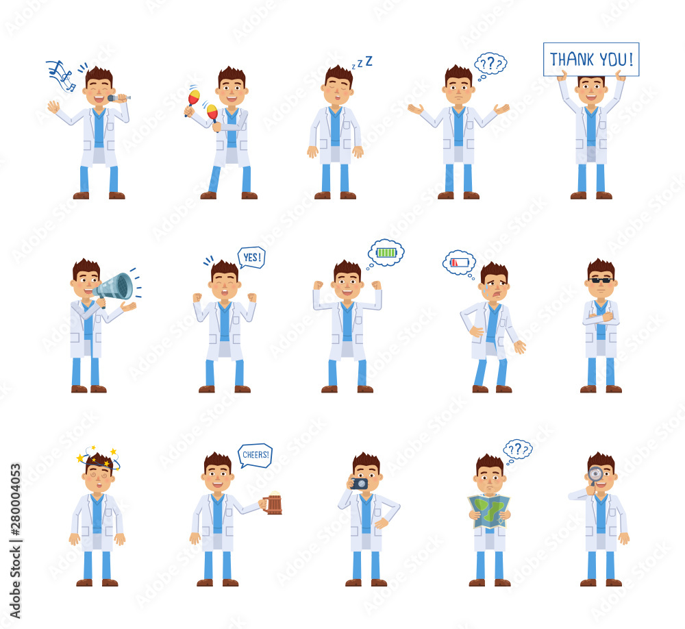 Set of doctor characters showing different actions, emotions. Doctor karaoke singing, dancing, sleeping, thinking, holding banner, loudspeaker, map and doing other actions. Flat vector illustration