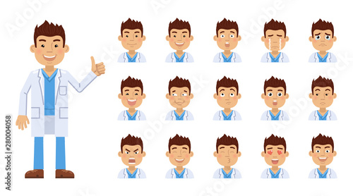 Set of doctor emoticons. Doctor avatars showing different facial expressions. Happy, sad, smile, laugh, cry, surprised, angry, in love and other emotions. Simple style vector illustration