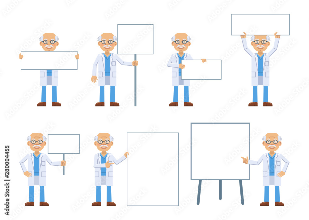 Set of old professor characters posing with different blank banners. Cheerful professor with paper, poster, placard, pointing to whiteboard, teach, advertise, promote. Flat style vector illustration Set of old professor characters posing with different blank banners. Cheerful professor with paper, poster, placard, pointing to whiteboard, teach, advertise, promote. Flat style vector illustration