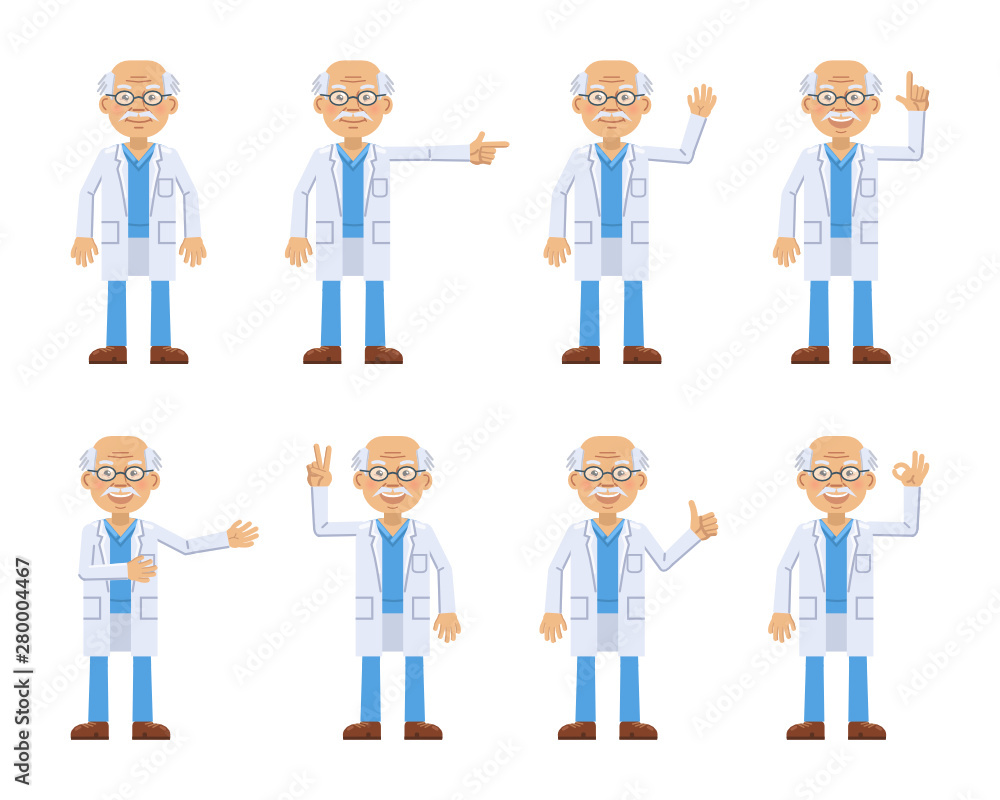 Set of old professor characters showing different hand gestures. Cheerful scientist showing thumb up gesture, pointing up, waving, greeting, victory hand. Flat style vector illustration
