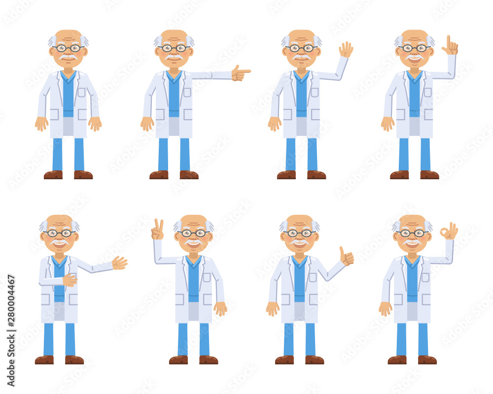 Set of old professor characters showing different hand gestures. Cheerful scientist showing thumb up gesture, pointing up, waving, greeting, victory hand. Flat style vector illustration Set of old professor characters showing different hand gestures. Cheerful scientist showing thumb up gesture, pointing up, waving, greeting, victory hand. Flat style vector illustration