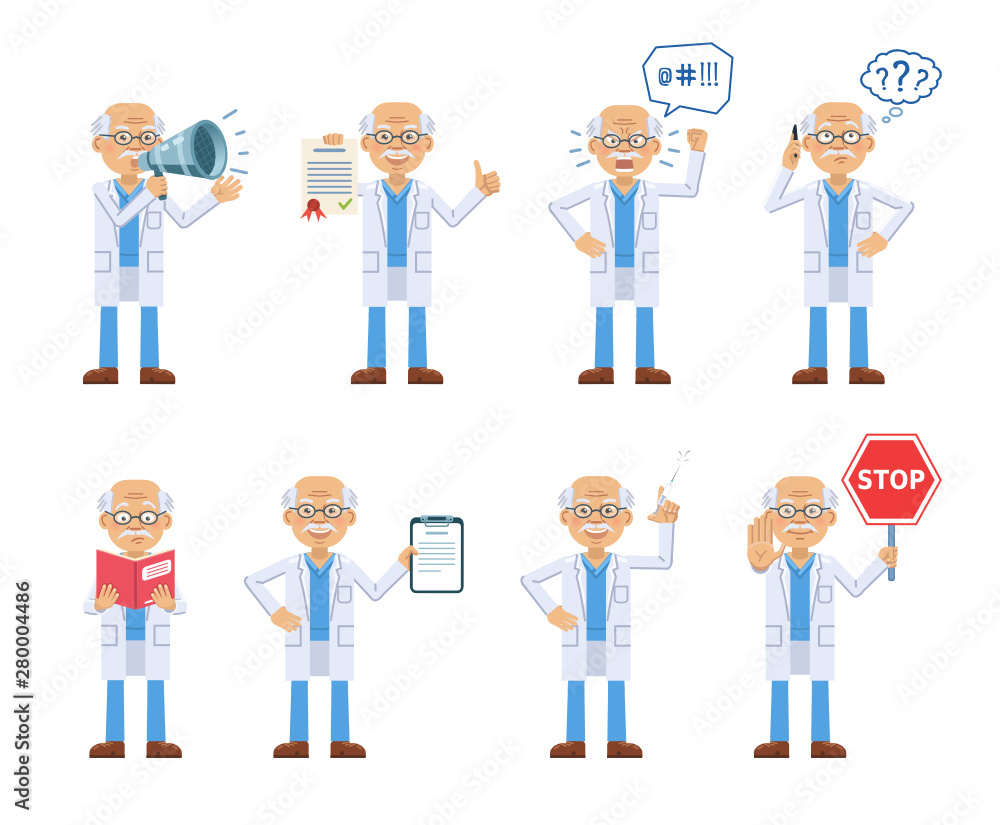 Set of old professor characters posing in different situations. Cheerful doctor talking on phone, thinking, angry, holding loudspeaker, document, book, stop sign, syringe. Vector illustration