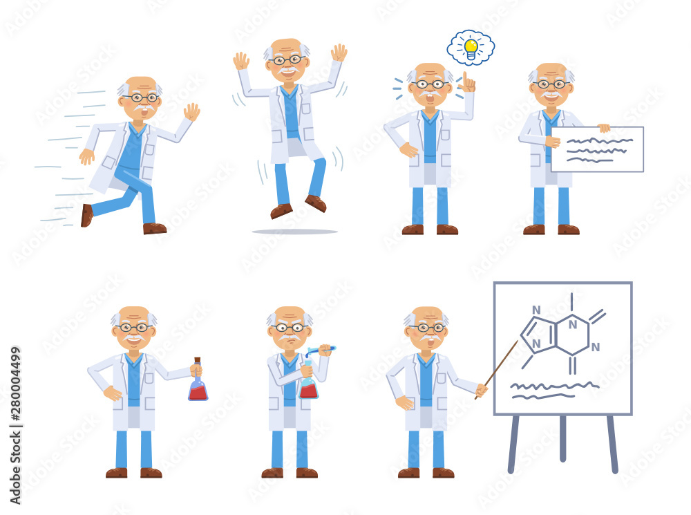 Set of old professor characters posing in different situations. Cheerful professor running, jumping, pointing up, mixing potion, holding banner, teaching. Flat style vector illustration Set of old professor characters posing in different situations. Cheerful professor running, jumping, pointing up, mixing potion, holding banner, teaching. Flat style vector illustration