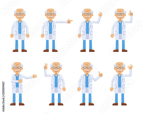 Set of old professor characters showing different hand gestures. Cheerful scientist showing thumb up gesture, pointing up, waving, greeting, victory hand. Flat style vector illustration