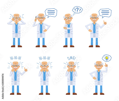 Set of old professor characters posing in different situations. Cheerful doctor talking on phone, thinking, crying, laughing, surprised, pointing up. Vector illustration