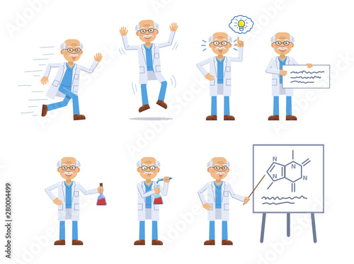 Set of old professor characters posing in different situations. Cheerful professor running, jumping, pointing up, mixing potion, holding banner, teaching. Flat style vector illustration