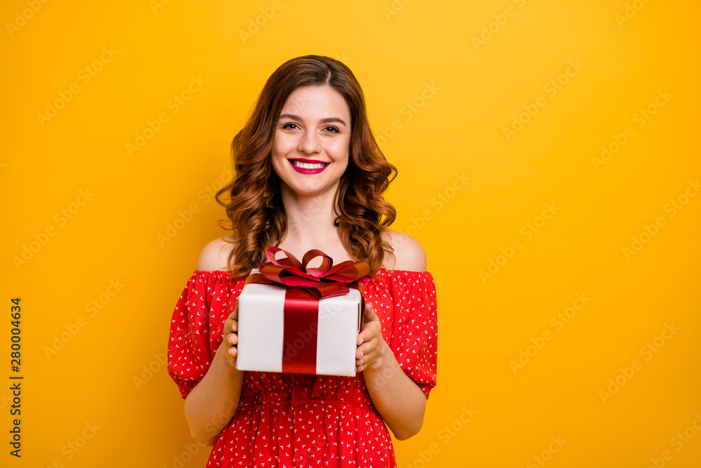 Pretty foxy lady hold arms big giftbox came friends place party wear dress isolated yellow background Pretty foxy lady hold arms big giftbox came friends place party wear dress isolated yellow background