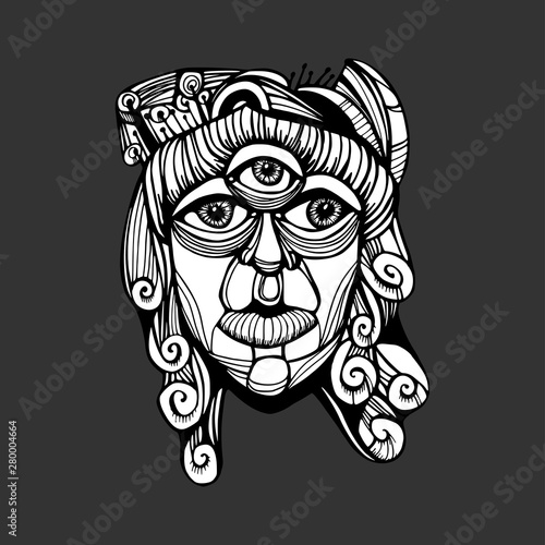 Three-eyed god Shiva. Psychedelic drawing. Imagination Drawing