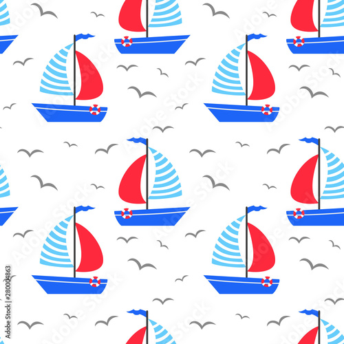 Seamless pattern with cartoon sailboats.