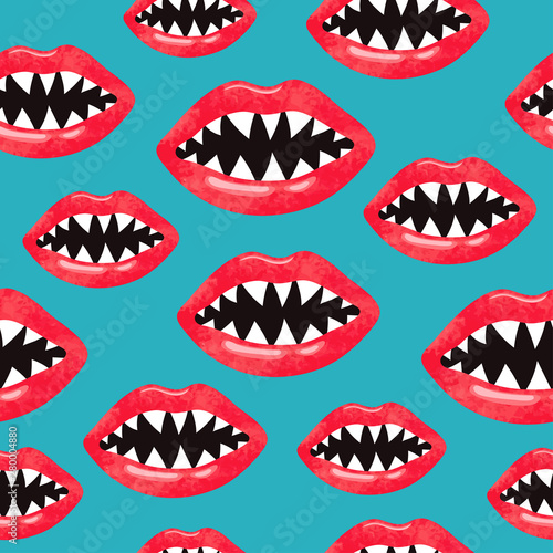 Canvas Print Seamless red lips pattern with shark teeth.