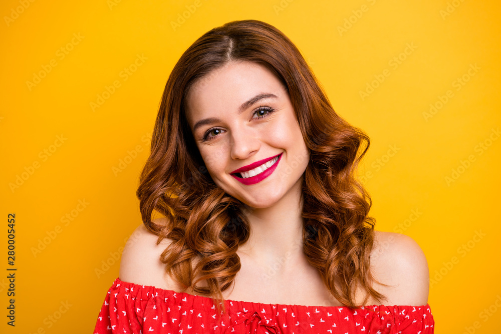 Closeup photo of pretty lady overjoyed look wear red dress with open shoulders isolated yellow bright background Closeup photo of pretty lady overjoyed look wear red dress with open shoulders isolated yellow bright background