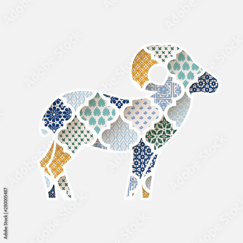 Greeting card, invitation with silhouette of ornamental sheep. Colorful Moroccan, arab pattern tiles fill. Eid al Adha holiday, muslim community festival of sacrifice. Vector illustration background.