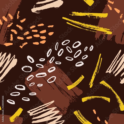 Abstract seamless pattern with stains, smudges, paint traces on brown backgro...