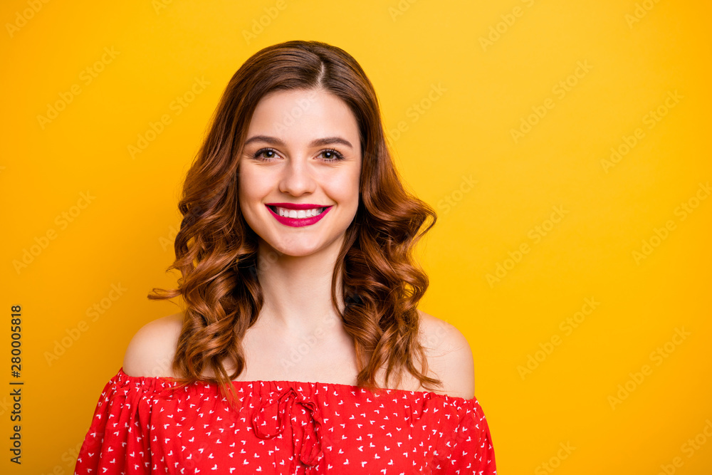 Photo of nice foxy lady pink pomade wear red dress with open shoulders isolated yellow background Photo of nice foxy lady pink pomade wear red dress with open shoulders isolated yellow background