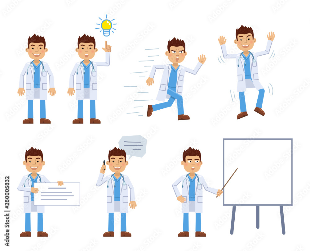Set of doctor characters posing in different situations. Cheerful assistant pointing up, running, jumping, talking on phone, holding banner, pointing to whiteboard. Flat style vector illustration Set of doctor characters posing in different situations. Cheerful assistant pointing up, running, jumping, talking on phone, holding banner, pointing to whiteboard. Flat style vector illustration