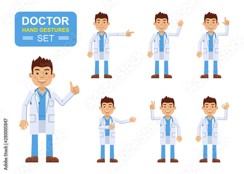 Set of doctor characters showing different hand gestures. Cheerful young assistant showing thumb up gesture, waving, pointing up, greeting, victory hand. Flat style vector illustration