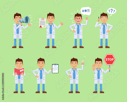 Set of doctor characters posing in different situations. Cheerful doctor holding loudspeaker, document, clipboard, syringe, stop sign, talking on phone, reading a book, angry. Flat vector illustration