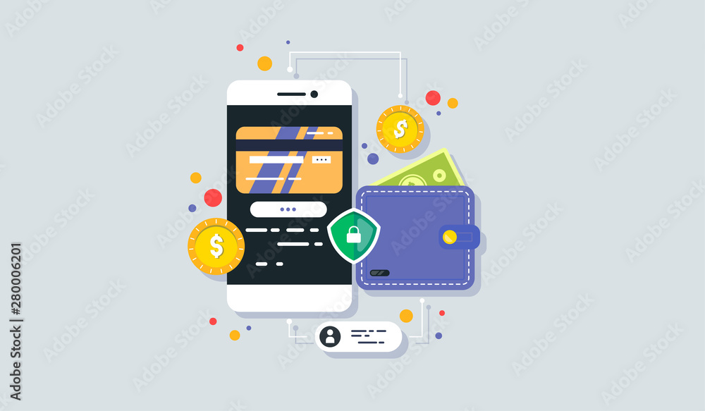 Mobile phone payment icon in flat style. The internet store, online shop, web buying and paying. Smartphone currency Design elements.