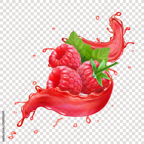 Raspberries in splashing red juice. Realaistic sweet forest berry splash