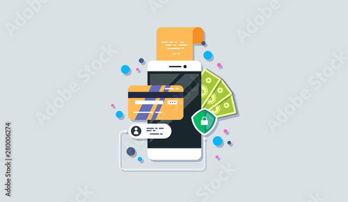 Mobile phone payment icon in flat style. The internet store, online shop, web buying and paying. Smartphone currency Design elements.