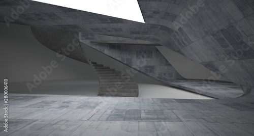 Abstract architectural concrete smooth interior of a minimalist house with neon lighting. 3D illustration and rendering.