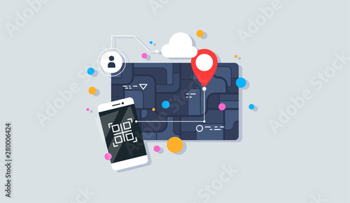 Creative illustration of city map navigation on phone. Vector illustration.