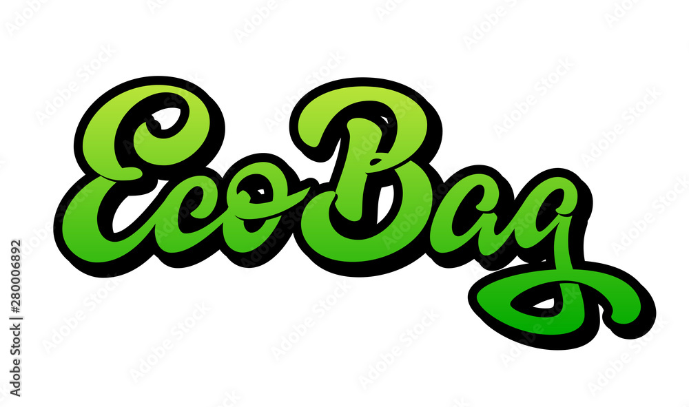 Vector green hand-lettering Eco Bag with black outline isolated on white background. Concept for logo, card, typography, poster, print. Vector green hand-lettering Eco Bag with black outline isolated on white background. Concept for logo, card, typography, poster, print.