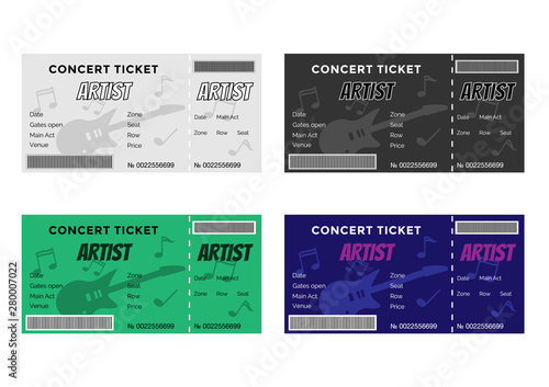 Set of Colorful Concert Tickets with Guitar and Musical Notes.