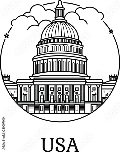 National historic site of Washington. American landmarks. Vector icon. Architecture in capital of the USA. Cultural site. White house. Tourist attractions.