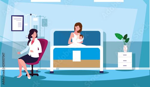 mother with newborn in stretcher hospitalization room