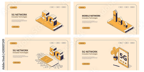 5G isometric illustrations set with digital devices with symbol of fifth generation of wireless internet connection.