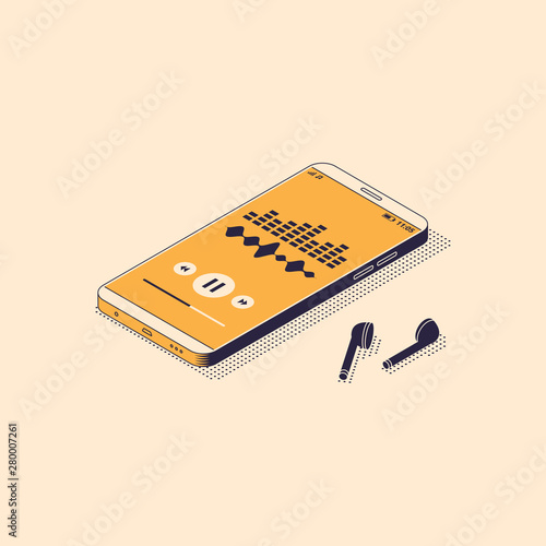 Music application with equalizer on screen of smartphone with wireless headphones.