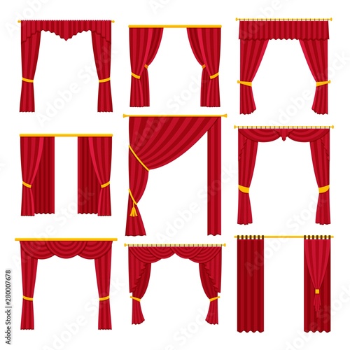 Red curtains set. Vector flat illustration isolated