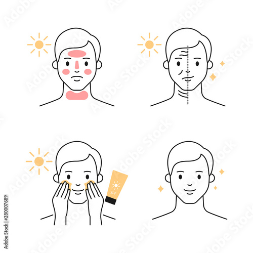 Skin damage UV protection sun block vector icons, male character