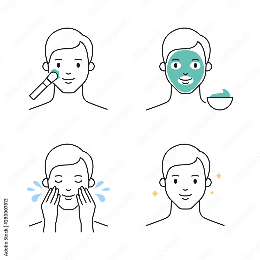 Facial clay mask applying male character outline vector icons Facial clay mask applying male character outline vector icons