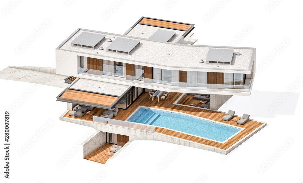 3d rendering of modern cozy house on the hill with garage and pool for sale or rent. Isolated on white