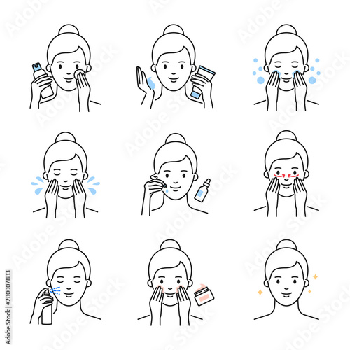 Daily skin care, facial cleansing and moisturizing procedures vector icons set