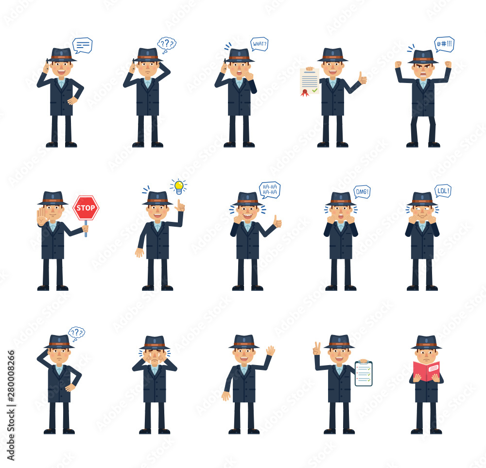 Big set of detective characters showing different actions, gestures, emotions. Cheerful inspector talking on phone, holding stop sign, document and doing other actions. Simple vector illustration