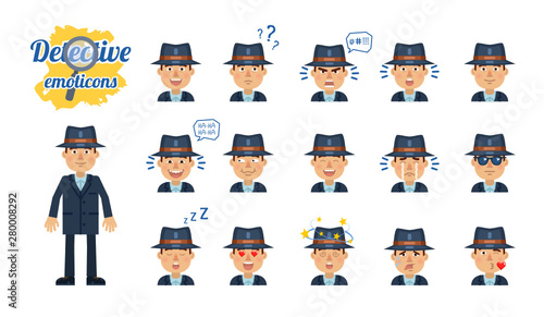 Big set of detective emoticons. Detective emojis showing different facial expressions. Happy, sad, smile, laugh, surprised, dazed, in love, angry and other emotions. Simple vector illustration